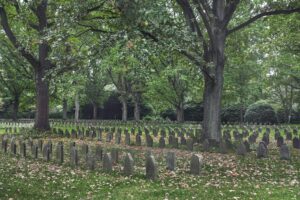 Weite Felder von Militärgräbern erstrecken sich in wunderschöner Stille und lebendiger Natur auf dem endlosen Parkfriedhof der Hansestadt